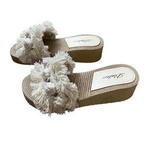 Cream Sandals with Textured Pom-Poms‎ and Platform Sole